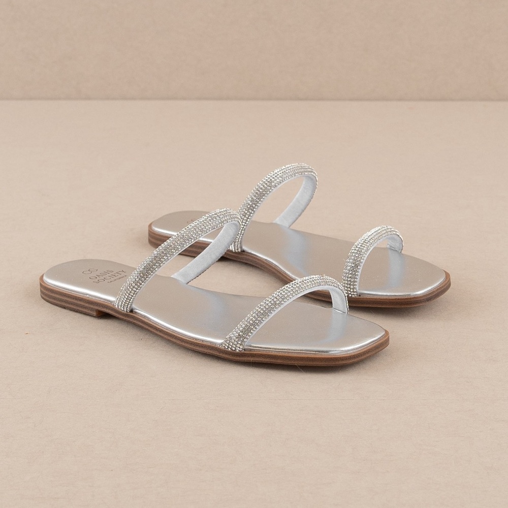Rhinestone Strappy Flat Slide Sandals - Oasis Society